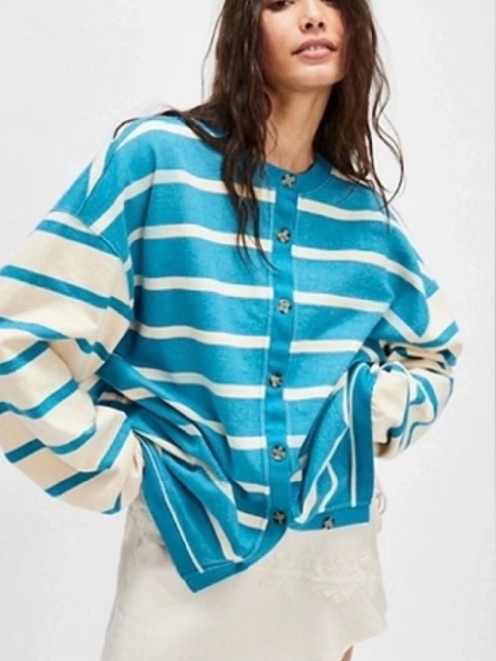 Free People Classic Striped Cardigan Sweater XS Blue Ivory Button Front Casual